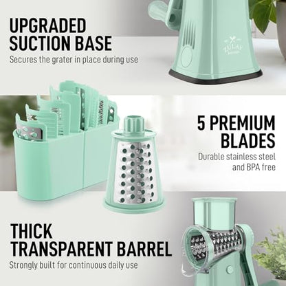 Zulay Kitchen Rotary Cheese Grater 5 Blade Cheese Shredder - Manual Hand Crank Cheese Grater With Reinforced Suction & 5 Interchangeable Drums - Easy to Use, Vegetable Chopper Round Mandoline Slicer - color: Seafoam