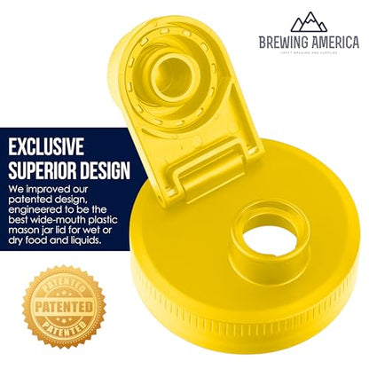 Mason Jar Lids Wide Mouth Plastic 4 Pack - With Flip Cap Screw Top Pouring Spout and Drink Hole - Fits Kerr and Ball Canning Jars - Wet/Dry Food and Liquid Storage - MADE IN USA (Yellow) - color: Yellow