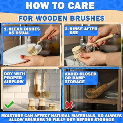 5 Pcs Bamboo Dish Brush Set, Non-Scratch Bristles, Replacement Head | Bamboo Dish Scrubber for Pots, Bottles & Vegetables; Soft for Delicate, Stiff for Stuck-On Messes; Bottle Brush Included