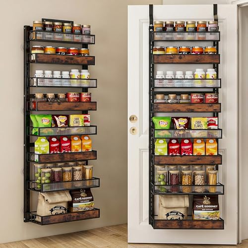 8 Tier Pantry Door Organizer Spice Rack, 2-IN-1 Wall Mount or Hanging Over Door Seasoning Organizer with Adjustable Baskets, Heavy Duty Behind Door Storage Shelves for Pantry, Cabinet and Kitchen - color: Black, size: 8 Tiers
