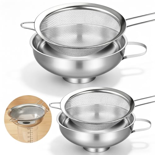 4 Pieces Stainless Steel Funnels with Fine Mesh Strainer, 2 Size Kitchen Canning Funnels Food Can Drainer Strainer with Handle