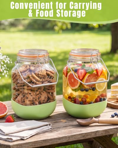 1 Gallon Glass Jar with Lid, 2 Pack Wide Mouth Mason Jars with Airtight Seal, Heavy Duty Glass Storage Container with Handle & Protective Base, Glass Jar for Sun Tea, Pickling, Flour Sugar, Kombucha - size: Large