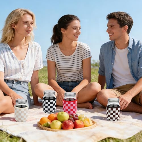 KJQJLY 4 Pcs Mason Jars Sleeves Neoprene 16oz Regular and Wide Mouth Mason Jar Sleeves Holder with Handle (Checkered, 16 OZ) - color: Checkered, size: 16 OZ