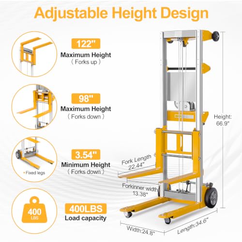 122" Material Lift Winch Stacker, 400 lbs Capacity Manual Material Lifts, Fixed Straddle Material Lifter, Hand Winch Lift Trucks for Warehouse, Factory, Lightweight, 34.60"L x 24.80"W, Yellow - color: Yellow