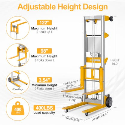 122" Material Lift Winch Stacker, 400 lbs Capacity Manual Material Lifts, Fixed Straddle Material Lifter, Hand Winch Lift Trucks for Warehouse, Factory, Lightweight, 34.60"L x 24.80"W, Yellow - color: Yellow