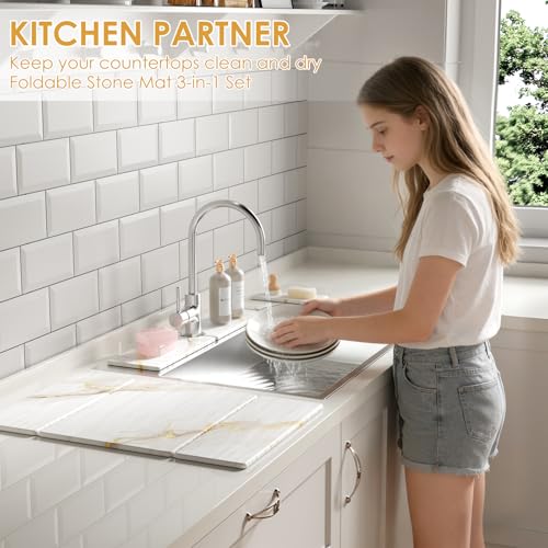 3 PCS Large Stone Dish Drying Mat for Kitchen Counter -24"x16" Absorbent Diatomaceous Earth Mat with Stone Faucet Mat & Soap Tray - Quick Dry, Collapsible, Non-Slip Countertop Organizer - color: gold Marble