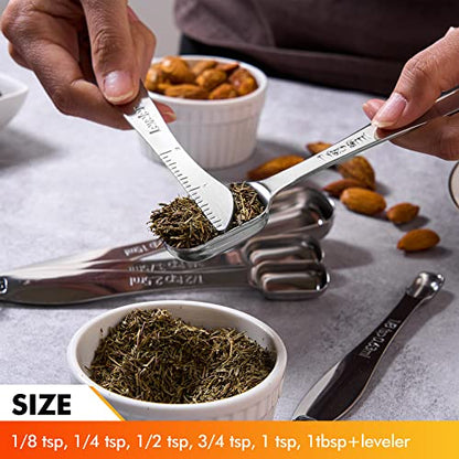 Rainspire Heavy Duty Measuring Spoons Set Stainless Steel, Metal Measuring Cups and Spoons Set for Dry or Liquid, Fits in Spice Jar, Home Gadgets Kitchen Gadgets, Set of 7 Including Leveler - color: Silver