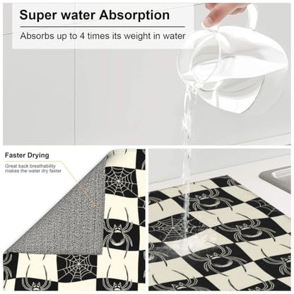 Spiders Spiderwebs Checkerboard Dish Drying Mats for Kitchen Counter, Super Absorbent Microfiber Drainer Pad, Washable Reversible Appliance Protector, Everyday Kitchen Must-Have, 16x18 Inch - color: Spiders Spiderwebs Checkerboard