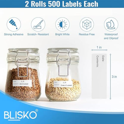 BLISKO 1000 Pcs Freezer Labels, 2 Rolls, 1x3 Inch Food Labels Stickers with Pre-Printed Date & Contents, Food Storage Labels, Waterproof, No Residue for Meal Prep, Food Containers, Jars, Bags - size: 1000 Pcs Printed Labels (1 x 3 Inch)