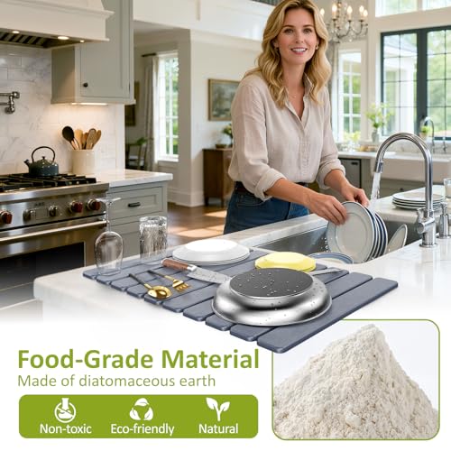 Large Stone Dish Drying Mat for Kitchen Counter, 24"(L)×16"(W), Collapsible Quick Dry Stone Dish Mats, Super Absorbent Diatomaceous Earth Drying Pad for Dishes Bottles Cups, Countertops (Black Grey) - color: Black Grey