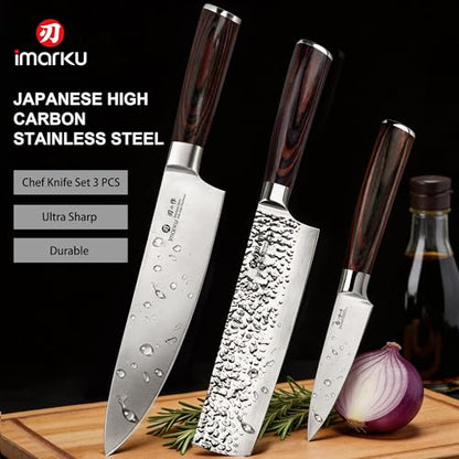 imarku 3 Pieces Knife set, Japanese HC Stainless Steel Kitchen Knife Set, Professional Chef Knife Set With Ergonomic Pakkawood Handle, Ultra Sharp Knives Set for Kitchen & Home Cooking, Gifts Box - color: Red-brown