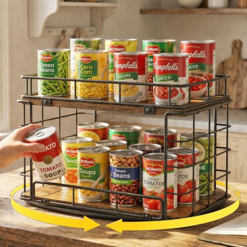 360° Rotating Can Rack Organizer for Pantry, 2-Tier Lazy Susan Can Organizer Holds Up to 26 Soda Cans, Metal Wire & Wood Shelf with Turntable Storage for Kitchen Cabinet, Pantry & Countertop - color: Black