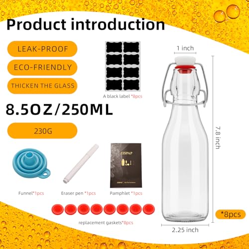 8 Pack Swing Top Glass Bottles 8.5 oz,Flip Top Beer Brewing Bottles for Kombucha, Homemade, Kefir, Water, Beverages, Soda, Oil, Vinegar, Fermentation,Limoncello