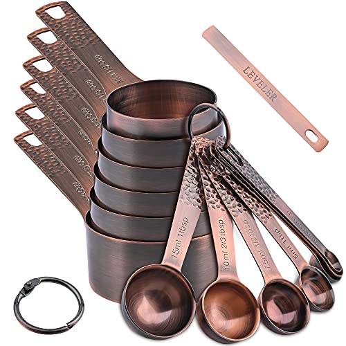 Copper Measuring Cups and Spoons Set, Stainless Steel Copper Plated 6 Metric & US Measuring Cups & 7 Spoons with Leveler for Baking & Kitchen - color: A: Copper-cups+spoons
