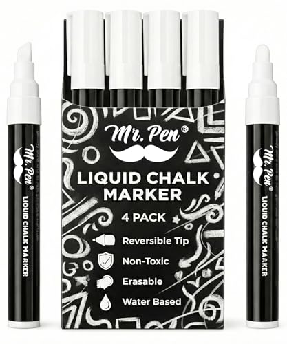 Mr. Pen- Liquid Chalk Marker Pen, 4 Pack, 8x Labels | White Non-Toxic Odorless Chalk Markers, Dual Reversible Chisel & Bullet Tip, Ideal for Non-Porous Chalkboards - size: One Size & Dual Tip