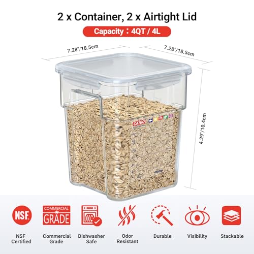 2 Pack 4 QT Airtight Commercial Food Storage Containers, Clear Food Storage Container with Built-In Labeling Area, Stackable for Coffee Beans, Sugar, Rice and Dry Goods, Tall Model - size: 2 X 4.0(QT)-Tall