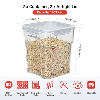 2 Pack 4 QT Airtight Commercial Food Storage Containers, Clear Food Storage Container with Built-In Labeling Area, Stackable for Coffee Beans, Sugar, Rice and Dry Goods, Tall Model - size: 2 X 4.0(QT)-Tall