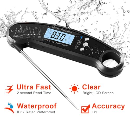 Digital Instant Read Food Thermometer with Backlight, LCD Display, Calibration Function, Built-in Bottle Opener for Grilling, BBQ, Turkey, Candy, Liquid Temperature Measurement, Black - color: Black