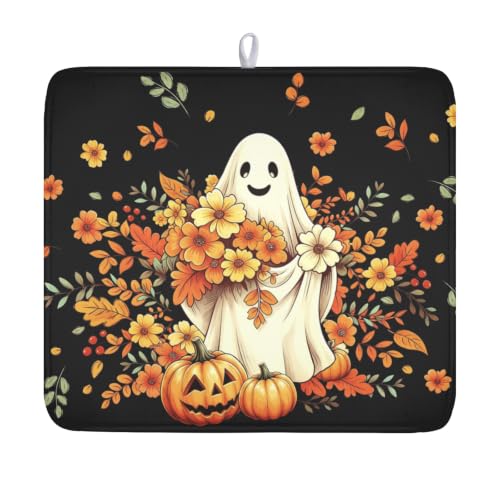 Halloween Ghost Dish Drying Mat 18x16 Orange Floral Leaves Pumpkin Black Dish Drainer Mat Waterproof Autumn Flower Leaf Cute for Kitchen Coffee Sinks Outdoor Use Keeping Dry Holiday Decoration - color: Black Halloween, size: 18" x 16"