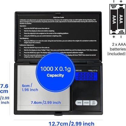 Smart Weigh Digital Pocket Scale – 1000g x 0.1g Precision – Ideal for Jewelry, Food, Herbs, and Medicine – Stainless Steel Platform with Protective Cover – Black (Battery Included) - size: 1000g / 0.1g