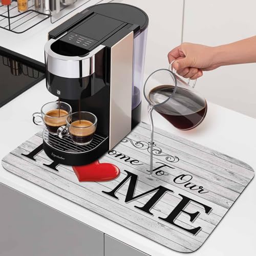 Welcome to Dish Drying Mat for Kitchen Counter, Our Home Retro Grey Wood Grain Farmhouse Super Absorbent Draining Mat Rubber Backing Dish Rack Pad for Dishes, Coffee Bar, Sinks, 16"x24" - color: White Red, size: 24" x 16"
