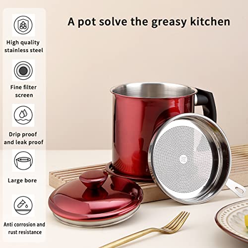 Kyraton Bacon Grease Container With Strainer, 48 oz Metal Shining Red Stainless Steel Oil Container, Pot Fat Storage With Lid, Easy Grip Handle Suitable For Storing Frying Oil And Cooking Grease - color: 4.Metal Red