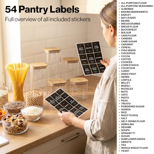 EDELHAUS Glass Storage Containers with Bamboo Lids and Labels - Set of 5 | Extra Thick Square Glass Canisters with Bamboo Wood Lids and 54 Pre-printed Pantry Labels keeps dry Goods Fresh and Organized - color: Black Labels - Bamboo Lids - 5 Pack