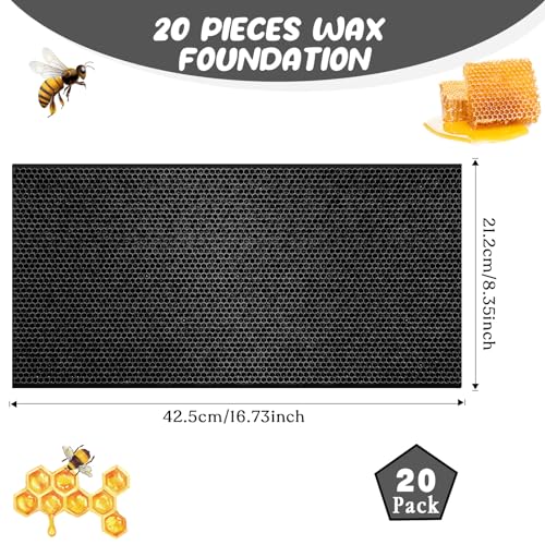 20 Pcs Beehive Waxed Coated Foundation Wax for Bee Frames Plastic Portable Honeycomb Sheet Beeswax Coated Foundation Sheet Beehive Equipment Fit Deep Frame (Black) - color: Black