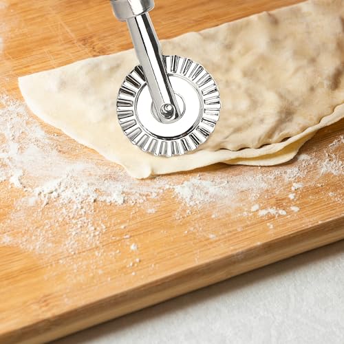 2PCS Pizza Cutter Wheel Roller, 16cm/6.3" long, Zinc Alloy Crinkle Cutter Maker Set with Long Wooden Handle for Making Pasta Ravioli Noodles Dumpling Lace Pastry Pies Fluted Cracker for Kitchen Travel