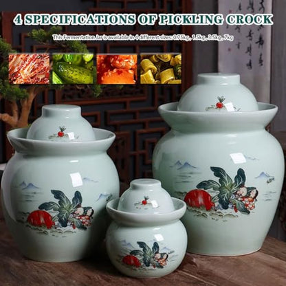 Chinese Jingdezhen Ceramics Pickle Jar, Water-Sealed Traditional Fermentation Crock, Spicy Radish Pattern Kimchi Jar, Artistic Decoration(1.5kg) - size: 1.5kg