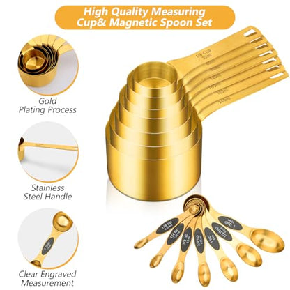 GuDoQi 15pcs Gold Magnetic Measuring Spoons and Cups Set, Stainless Steel 8 Dual Sided Magnetic Measuring Spoons set with Leveler, 7 Cups, Measurement for Liquid and Dry Ingredients for Kitchen