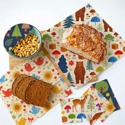 LENARKU Reusable Beeswax Wrap, Forest Animals Wraps, 9 Pack Eco-Friendly Food Storage, Organic Cotton, Sustainable, Zero Waste, Plastic-Free, Sandwich & Snack Covers, 1XL, 3M, 5S - color: Beige Woodland