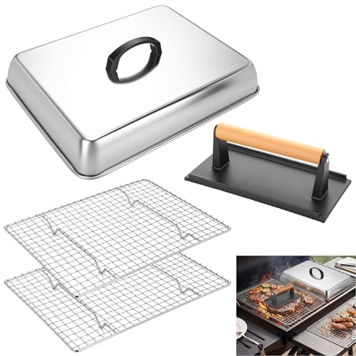 14 Inch Large Melting Dome and Grill Press Kit, 4 Pcs Griddle Accessories Set, Stainless Steel Cheese Basting Cover, Burger Bacon Press, 2 Cooling Racks for Flat Top Grill Indoor Outdoor