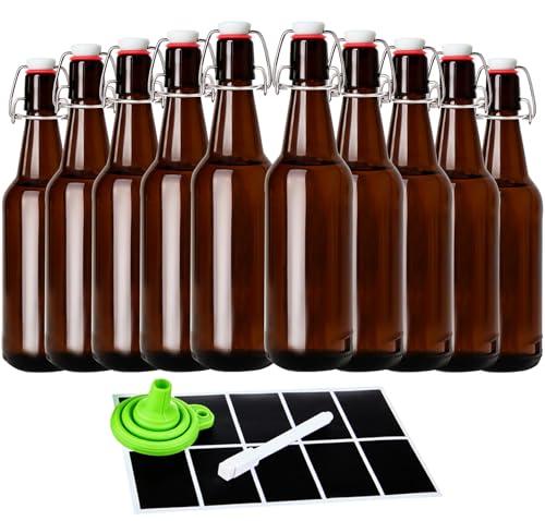 16.5oz Amber Beer Bottles with Flip Caps Set of 10, Swinging Top Glass Brewing Bottles with Airtight Lids for Vanilla Extract, Fermentation Kombucha, Beverage, Water, Kefir, Soda