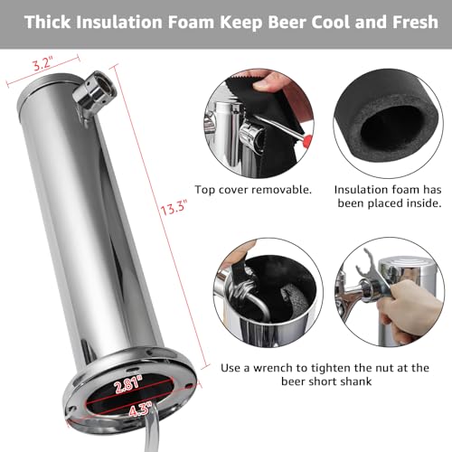 Single Beer tap Tower with 1/4 Barb, 3'' Draft Kegerator Tap Tower Stainless Steel Keg Tower Parts Stainless Core Self-Closing Beer Faucet Brewing Tower Dispenser with Pre-assembled Beer Lines Kit