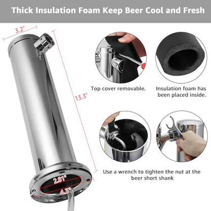 Single Beer tap Tower with 1/4 Barb, 3'' Draft Kegerator Tap Tower Stainless Steel Keg Tower Parts Stainless Core Self-Closing Beer Faucet Brewing Tower Dispenser with Pre-assembled Beer Lines Kit