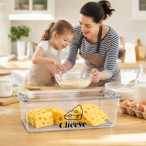 Cheese Container Airtight with Draining Basket Cream Block Cheese Sliced Cheeses Box with Lid for Fridge Shredded Saver 2 Compartment Deli Meat Storage Box,Cheeses Sliced,Grated,Cheddar Keeper - color: Clear - Big