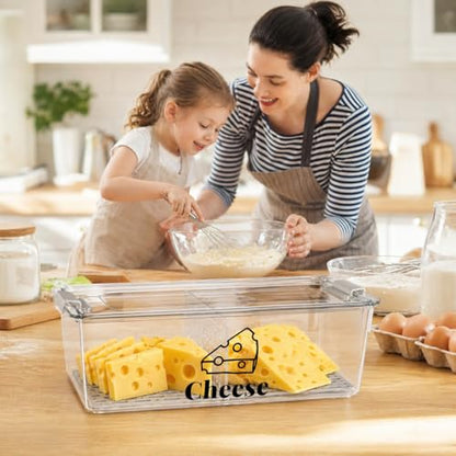 Cheese Container Airtight with Draining Basket Cream Block Cheese Sliced Cheeses Box with Lid for Fridge Shredded Saver 2 Compartment Deli Meat Storage Box,Cheeses Sliced,Grated,Cheddar Keeper - color: Clear - Big