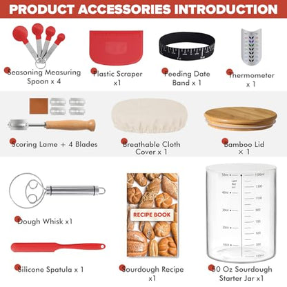 RYTOXILO Sourdough Starter Jar Kit, 50 Oz Glass Large Sour Dough Jars Wide Mouth for Beginners, 8 Pcs Bread Starter Container Set with Bamboo Lid, Sourdough Jar with Bread Baking Supplies Accessories - size: 1 Jar+7 Accessories
