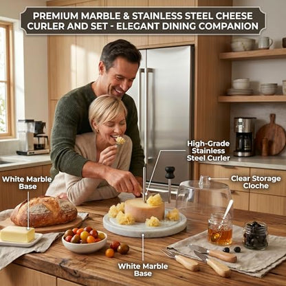 Marble Cheese Curler & Cheese Flower Cutter – Sharp Stainless Steel Blade with Dust Cover & Knife Set for Cheese Flowers, Wheels & Appetizers | Easy to Use & Clean | Gift for Entertaining - color: Marble Base - White