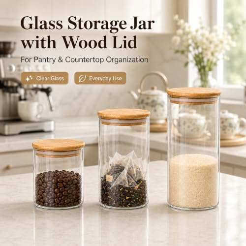 MOLFUJ 1200 ML / 40 FL Oz Glass Storage Container with Wood Lid, Stackable Clear Decorative Organizer Bottle Canister Pantry Jar with Air Tight Wooden Lid for Food, Coffee, Candy, Sugar, Salt, Tea - size: 40 Oz / 1200 ml