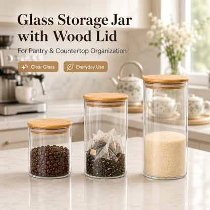 MOLFUJ 960 ML / 32 FL Oz Glass Storage Container with Wood Lid, Stackable Clear Decorative Organizer Bottle Canister Pantry Jar with Air Tight Wooden Lid for Food, Coffee, Candy, Sugar, Salt, Tea - size: 32 Oz / 960 ml