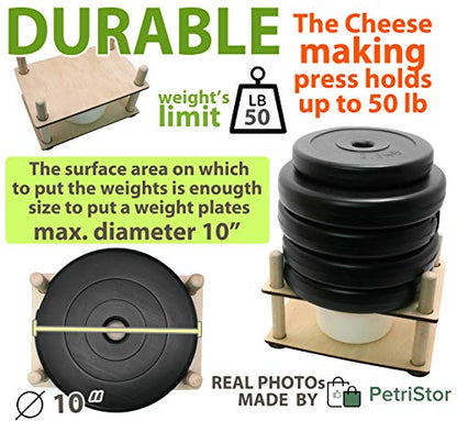 Wooden Cheese Press for Cheese Making Supplies 12 in Wooden Guides and Cheese Mold with Follower Piston 1.3 Qt - Small Home Supply Ultimate Cheese Press Machine - Prensa Para Queso Casero