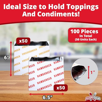 Retro, Grease Proof Burger Wrappers Combo 100Pk. Insulated, Pro Quality Bulk Hamburger and Cheeseburger Bags are BPA Free. Large, Allergen Friendly BBQ Foil Paper Great Cooking Supply For Themed Party