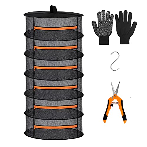 Desy & Feeci Herb Drying Rack-2ft Diameter 6 Layer Folding Mesh Hanging Basket Dryer Net with Zippers for Seeds Flowers Buds Plants Garden Outdoor Bumper Harvest(D24xH47 inch) - color: Orange, size: 6 Layer