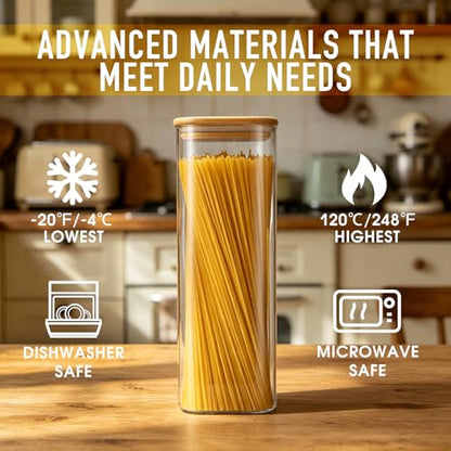 D2scrma 71oz Glass Square Storage Containers with Bamboo Lids Set of 3 (2100ml) Tall Food Storage Canisters Kitchen Jars for Pantry Organization Pasta, Penne, Macaroni, Lasagna, Fusilli - size: 71oz*3