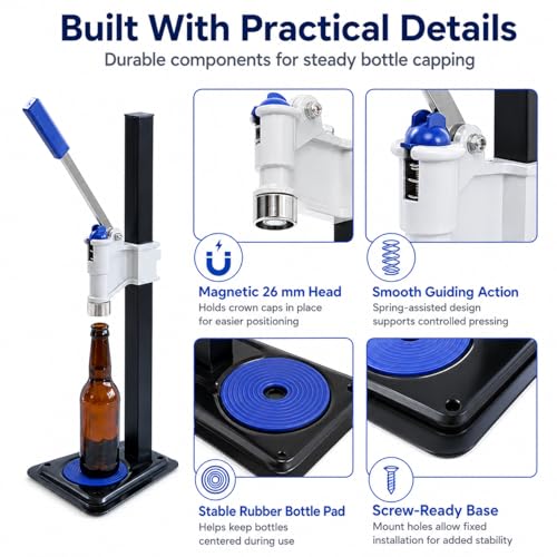 TsoLay Beer Bottle Capping Machine, Adjustable Bench Bottle Capper with Non-Slip Base, Convenient Push-Type Adjustment, Quick and Accurate Capping for Kitchen, Wineries and Bar Counters