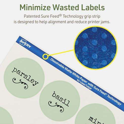 Avery Dissolvable Round Labels, Sure Feed Technology, 2.5" Diameter, Matte White, Print-to-The-Edge, Laser/Inkjet Printable, 45 Labels Total - style: 45 labels