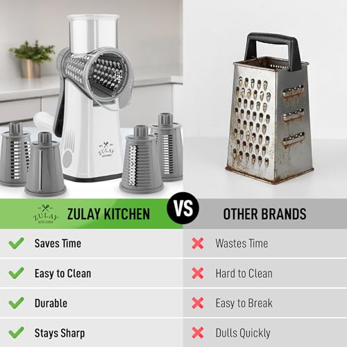 Zulay Kitchen Rotary Cheese Grater 5 Blade Cheese Shredder - Manual Hand Crank Cheese Grater With Reinforced Suction & 5 Interchangeable Drums - Easy to Use, Vegetable Chopper Round Mandoline Slicer - color: Gray and White