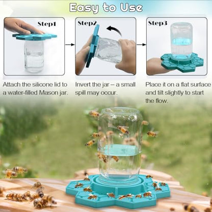 Bee Watering Station for Garden – 2 Pack Silicone Bee Feeders for Mason Ja, Fit with Regular and Wide Mouth, No-Drown Bee Waterer, Honey Bee Drinking Station- Blue & Yellow (Jars Not Included)